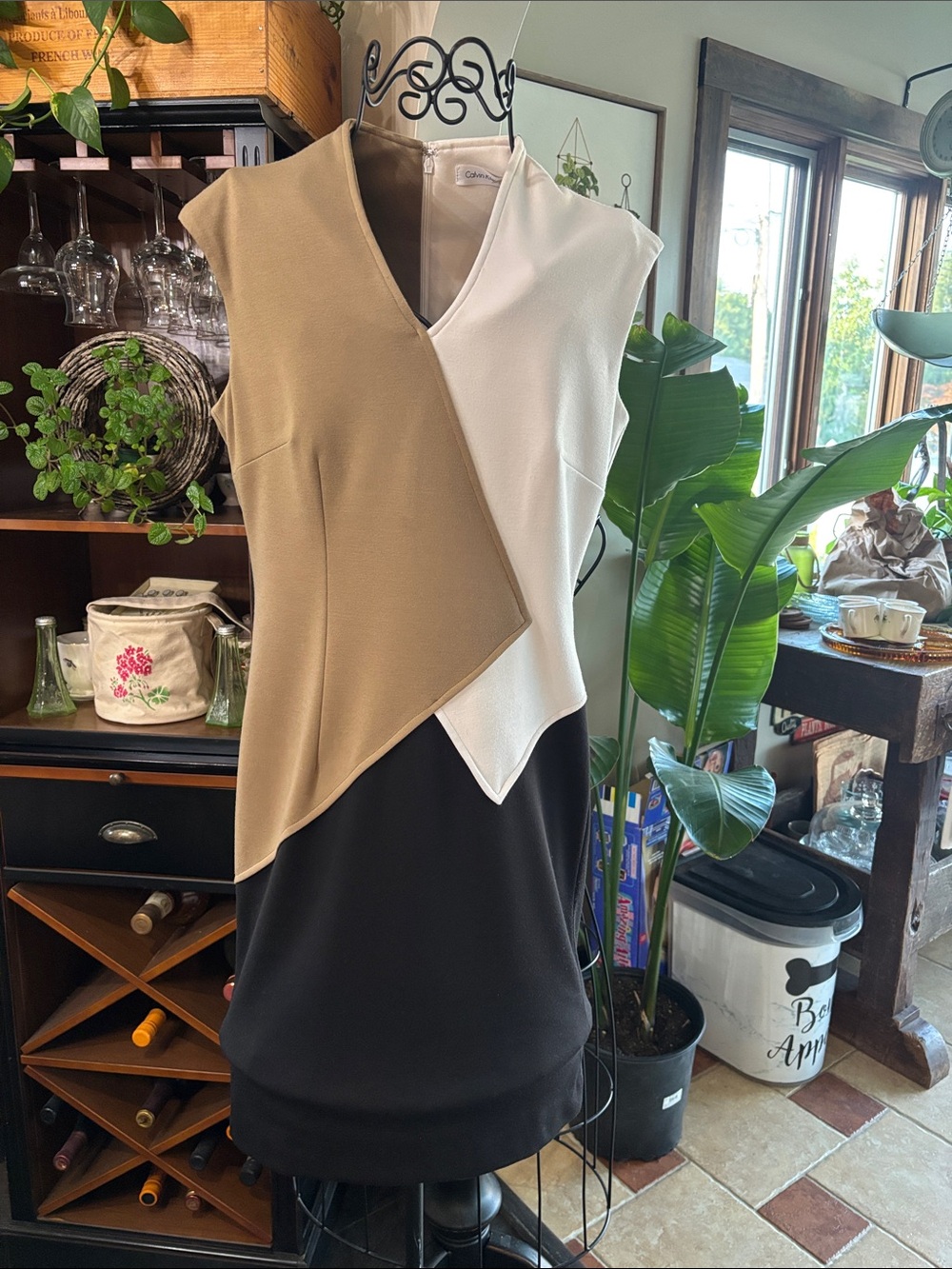 Calvin Klein Asymmetrical Beige, White & Black Colorblock Sheath Dress